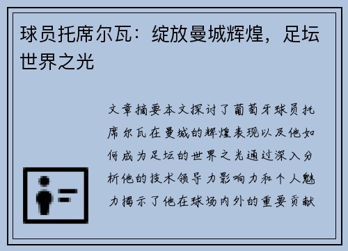 球员托席尔瓦：绽放曼城辉煌，足坛世界之光