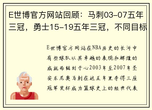 E世博官方网站回顾：马刺03-07五年三冠，勇士15-19五年三冠，不同目标同样辉煌