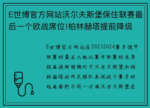 E世博官方网站沃尔夫斯堡保住联赛最后一个欧战席位!柏林赫塔提前降级